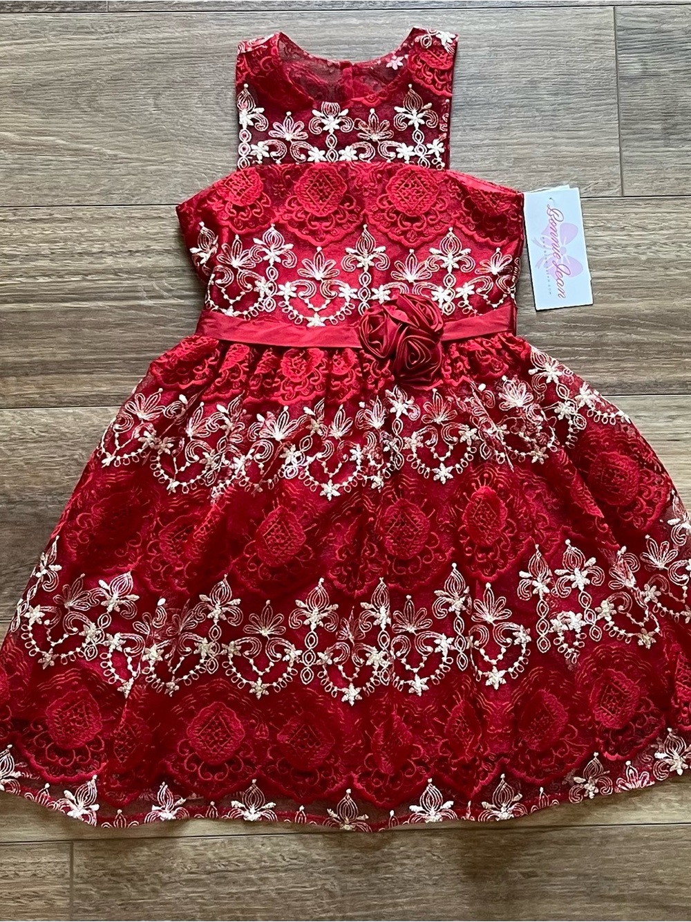 New! Bonnie Jean Red Lace Party Dress with Rose Waist Accent girls size 7